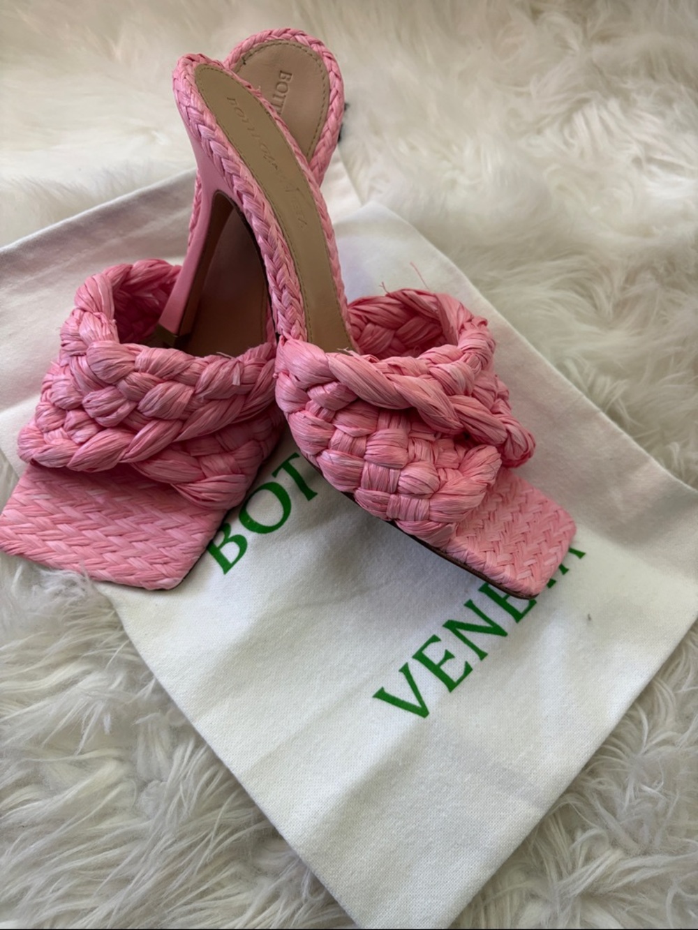 Bottega Veneta Pink Braided Raffia Slide Mules